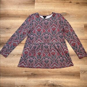 J. Jill Wearever Collection Red and Black Paisley Long Sleeve Top Size M